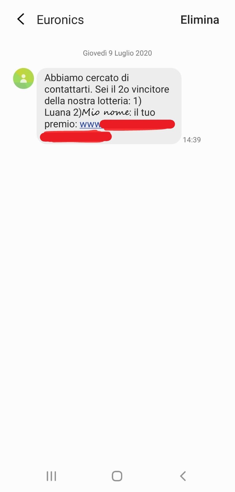 Truffa SMS lotteria Euronics