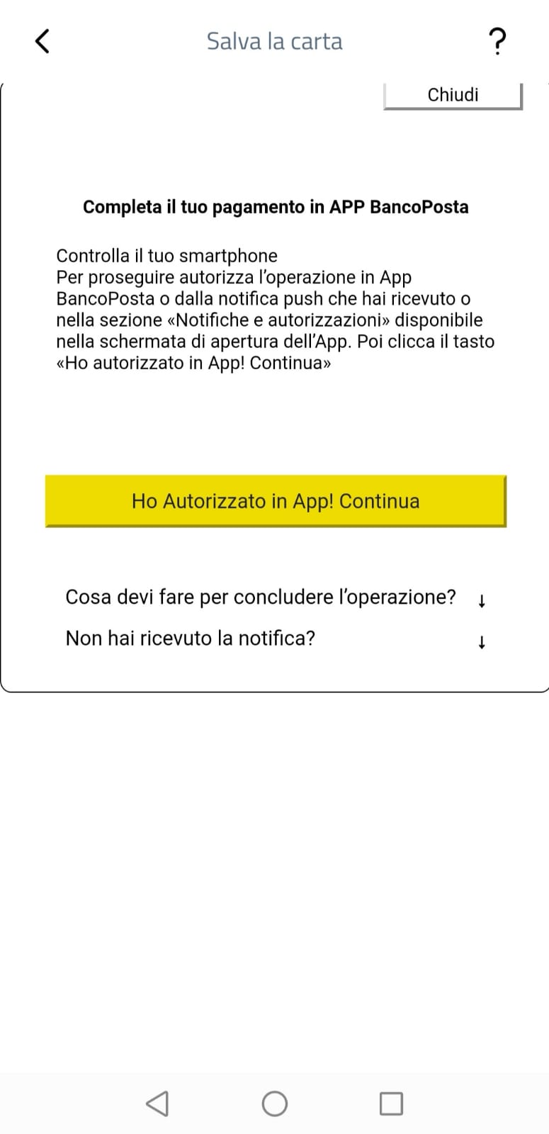 Errore App IO - Tasto Ho autorizzato in App! Continua