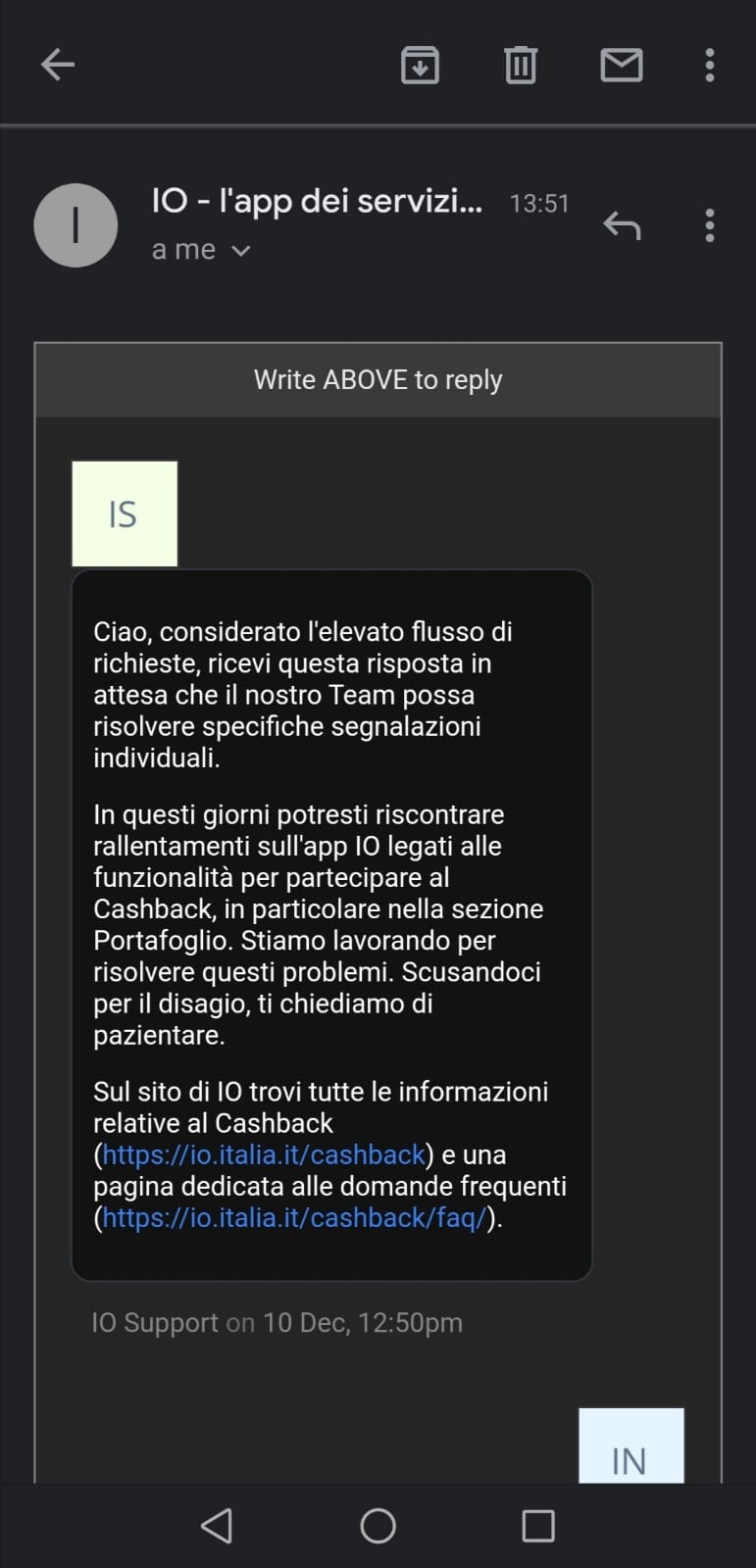 Email assistenza App IO - Cashback